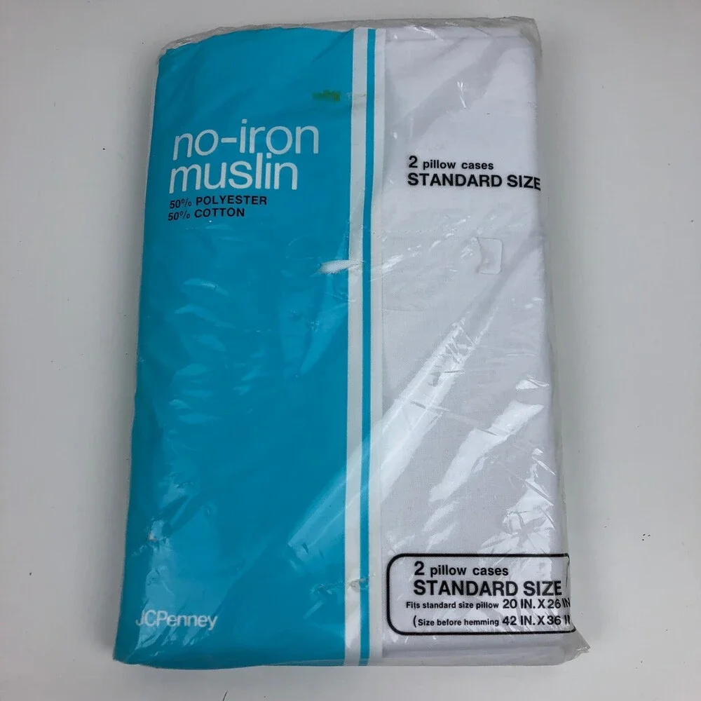 NEW Sealed VTG Standard Pillowcase Set Pair JC Penney NOS Plain White 50 Muslin